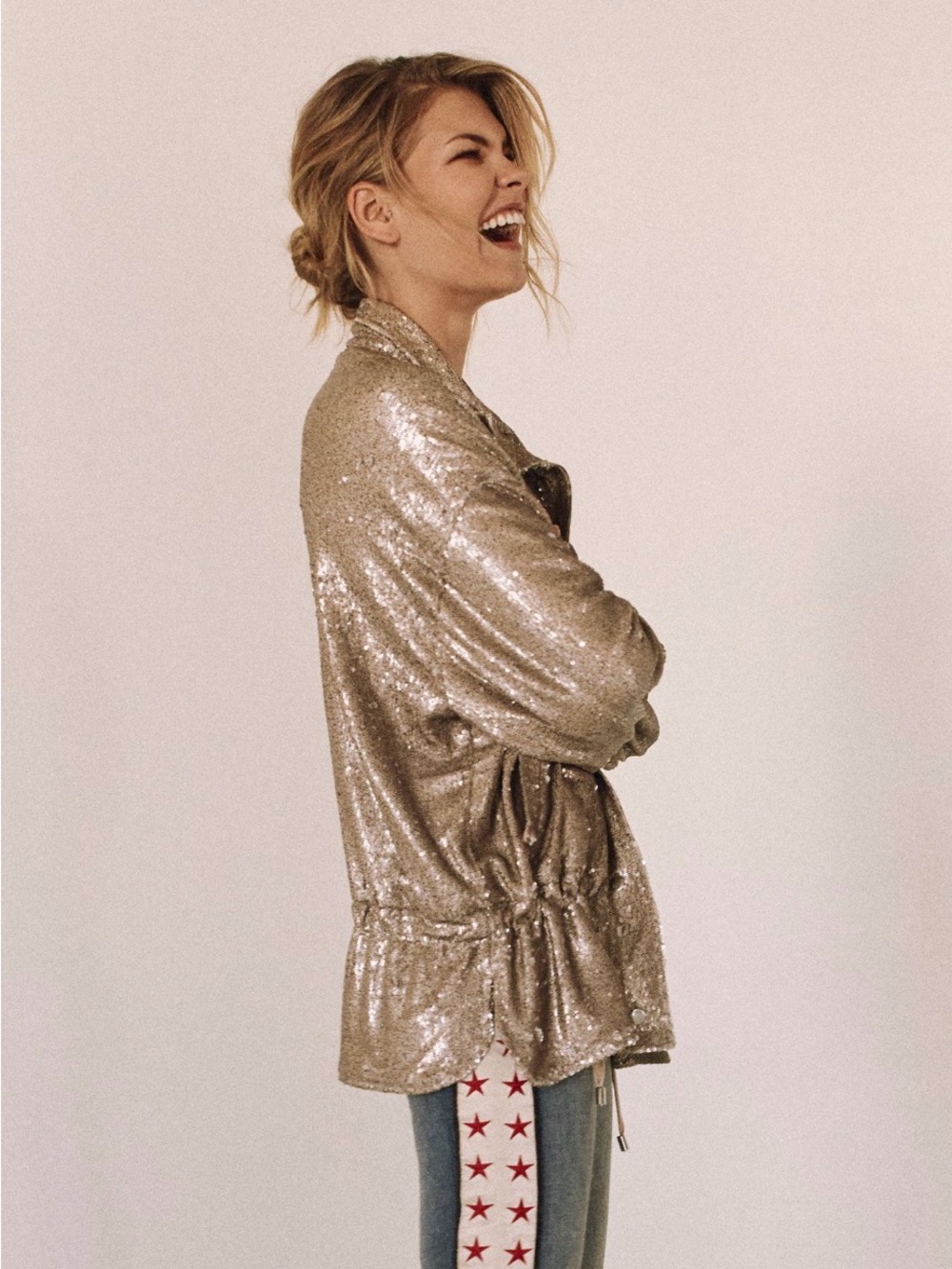 Free People Slouchy Sequin Drawstring Blazer - Champagne Size Small
